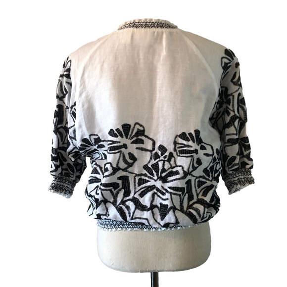 Linen Embroidered Black and White Short Sleeve Jacket zip front size medium - Picture 7 of 14